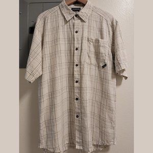 Patagonia M Button Short Sleeve Shirt, Cream & Green Plaid, 100% Hemp OVERSIZED